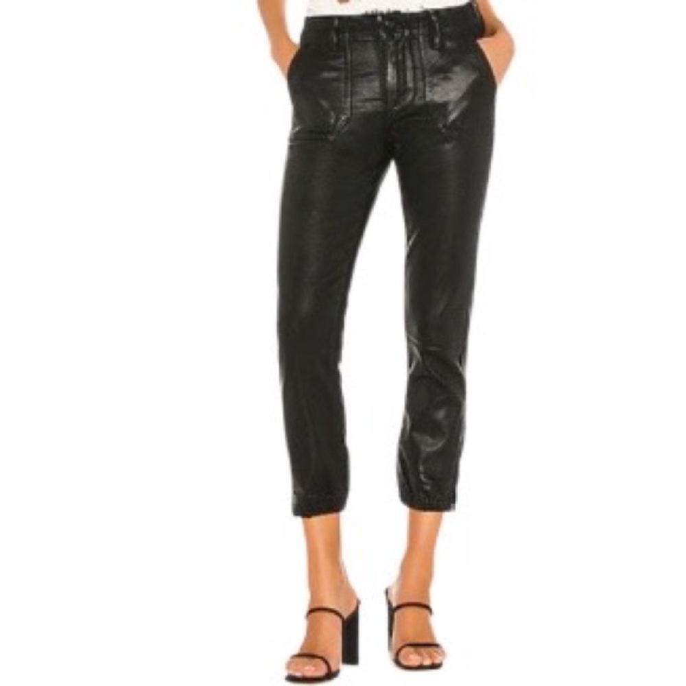 PAIGE Mayslie Jogger Black Fog Luxe Coated Denim Elastic Zipper Hem Size 31